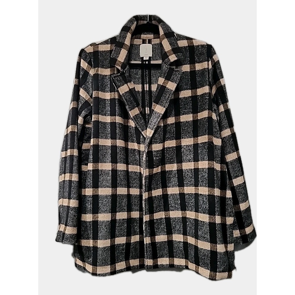 Joie Oversize Check Plaid Wool Blend Coat Size Medium Black Beige Tan Brown